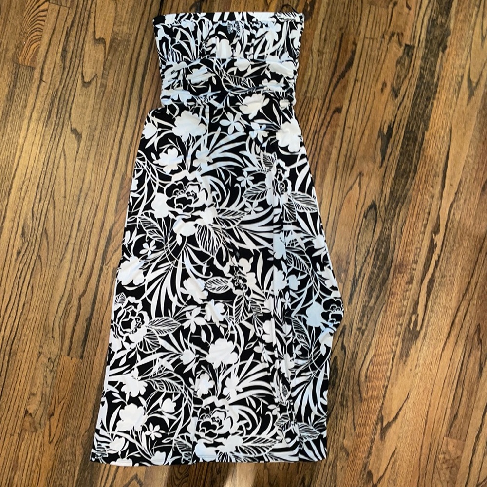 strapless floral cocktail dress
